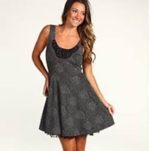 Free People Charcoal Floral Jacquard Beaded Tulle Hem Dress F575Z402 XS NEW - Picture 2 of 5